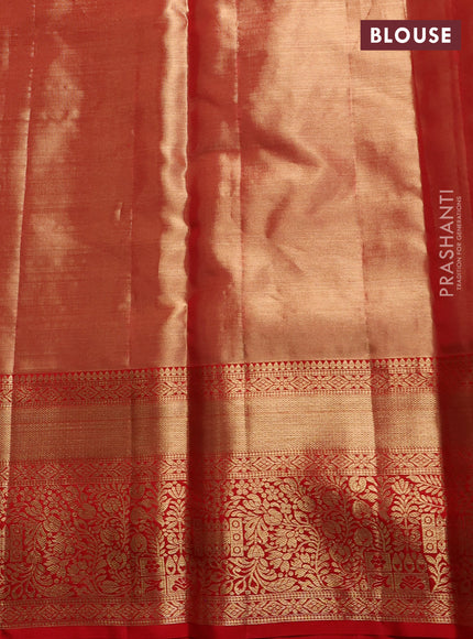 Pure kanchipuram tissue silk saree dual shade of gold and red with allover zari woven brocade floral weaves and rich zari woven border