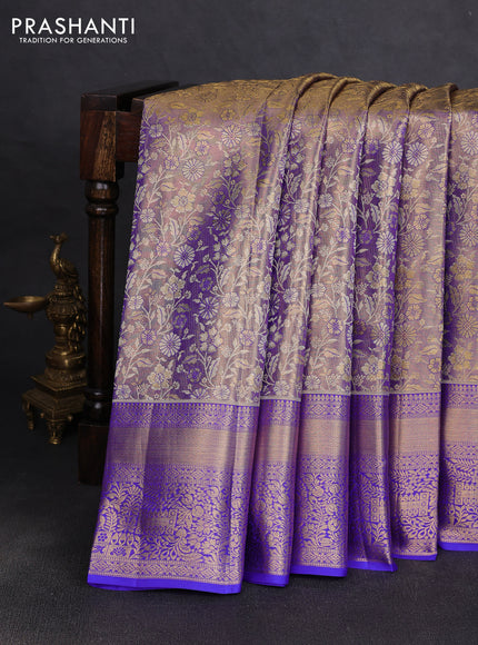 Pure kanchipuram tissue silk saree dual shade of gold and royal blue with allover zari woven brocade floral weaves and rich zari woven border