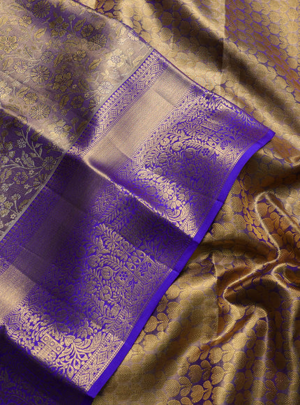 Pure kanchipuram tissue silk saree dual shade of gold and royal blue with allover zari woven brocade floral weaves and rich zari woven border