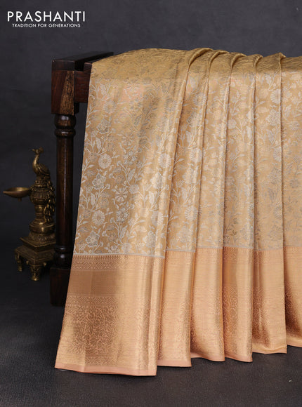 Pure kanchipuram tissue silk saree sandal with allover zari woven brocade weaves and rich zari woven border
