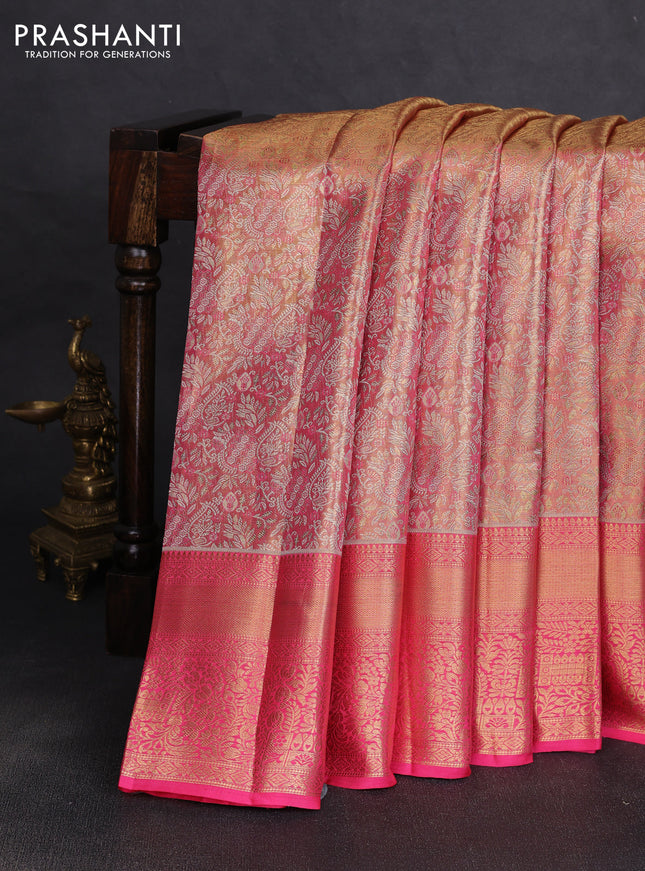 Pure kanchipuram tissue silk saree golden pink with allover zari woven brocade weaves and rich zari woven border