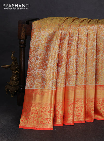 Pure kanchipuram tissue silk saree orange with allover zari woven brocade weaves and rich zari woven border