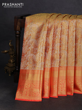Pure kanchipuram tissue silk saree orange with allover zari woven brocade weaves and rich zari woven border