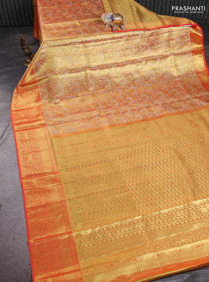 Pure kanchipuram tissue silk saree orange with allover zari woven brocade weaves and rich zari woven border