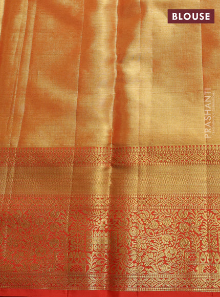 Pure kanchipuram tissue silk saree orange with allover zari woven brocade weaves and rich zari woven border
