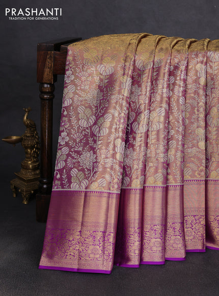 Pure kanchipuram tissue silk saree golden purple with allover zari woven brocade weaves and rich zari woven border