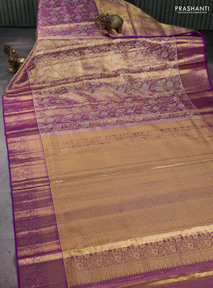 Pure kanchipuram tissue silk saree golden purple with allover zari woven brocade weaves and rich zari woven border