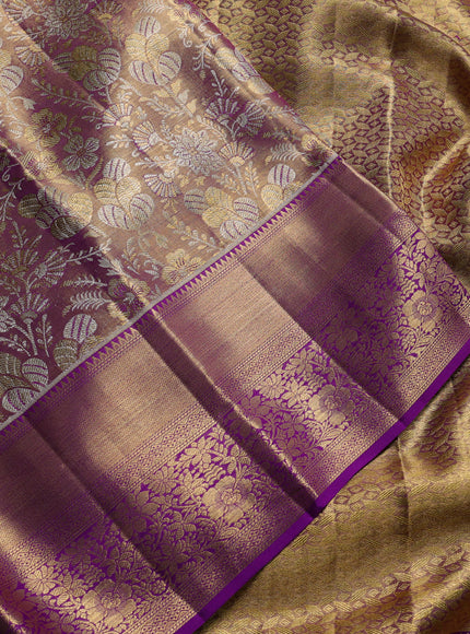 Pure kanchipuram tissue silk saree golden purple with allover zari woven brocade weaves and rich zari woven border