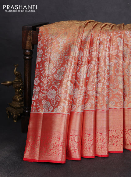 Pure kanchipuram tissue silk saree red with allover zari woven brocade weaves and rich zari woven border