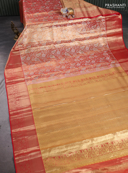 Pure kanchipuram tissue silk saree red with allover zari woven brocade weaves and rich zari woven border