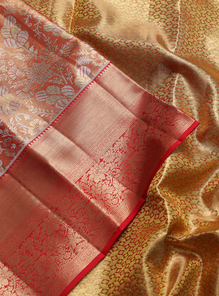 Pure kanchipuram tissue silk saree red with allover zari woven brocade weaves and rich zari woven border