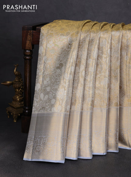 Pure kanchipuram tissue silk saree gold and grey with allover zari woven brocade weaves and rich zari woven border