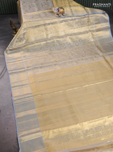 Pure kanchipuram tissue silk saree gold and grey with allover zari woven brocade weaves and rich zari woven border