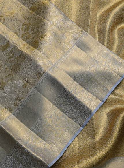 Pure kanchipuram tissue silk saree gold and grey with allover zari woven brocade weaves and rich zari woven border