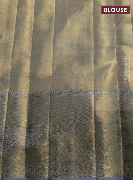Pure kanchipuram tissue silk saree gold and grey with allover zari woven brocade weaves and rich zari woven border