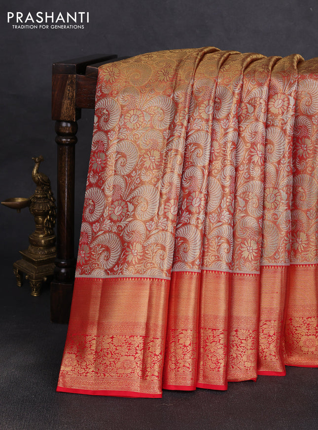 Pure kanchipuram tissue silk saree golden red with allover zari woven brocade weaves and long rich zari woven floral border