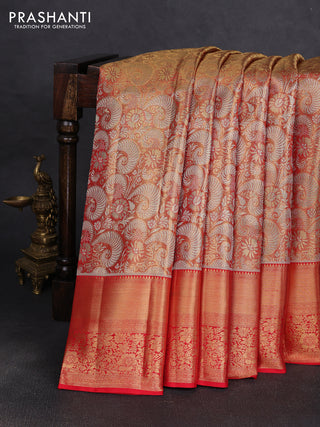 Pure kanchipuram tissue silk saree golden red with allover zari woven brocade weaves and long rich zari woven floral border