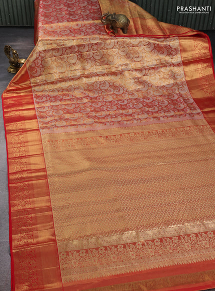 Pure kanchipuram tissue silk saree golden red with allover zari woven brocade weaves and long rich zari woven floral border