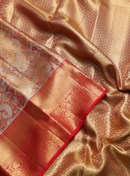 Pure kanchipuram tissue silk saree golden red with allover zari woven brocade weaves and long rich zari woven floral border