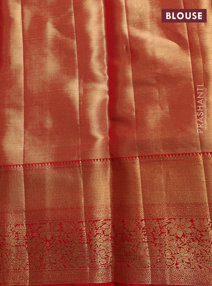 Pure kanchipuram tissue silk saree golden red with allover zari woven brocade weaves and long rich zari woven floral border