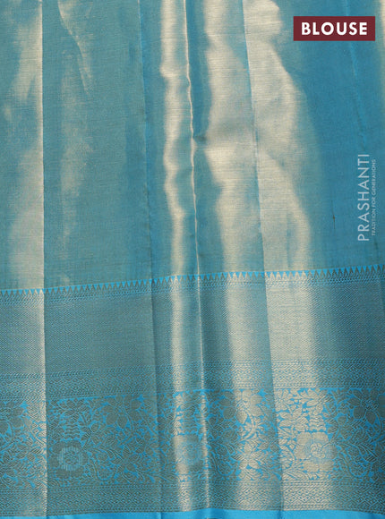 Pure kanchipuram tissue silk saree light blue with allover zari woven brocade weaves and long rich zari woven floral border