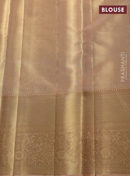 Pure kanchipuram tissue silk saree sandal with allover zari woven brocade weaves and long rich zari woven floral border