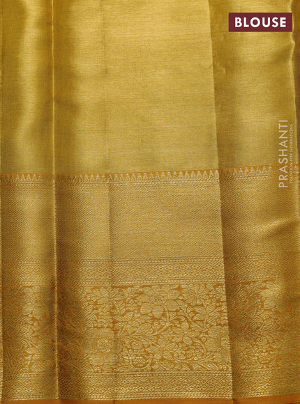 Pure kanchipuram tissue silk saree mustard yellow with allover zari woven brocade weaves and long rich zari woven floral border