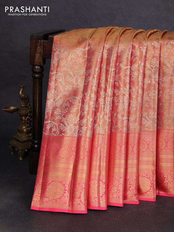 Pure kanchipuram tissue silk saree dual shade of peach and peach pink with allover zari woven brocade weaves and long rich zari woven floral border