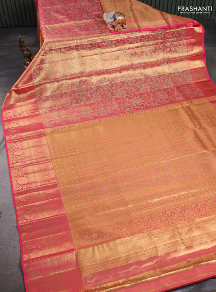 Pure kanchipuram tissue silk saree dual shade of peach and peach pink with allover zari woven brocade weaves and long rich zari woven floral border
