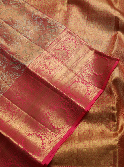 Pure kanchipuram tissue silk saree dual shade of peach and peach pink with allover zari woven brocade weaves and long rich zari woven floral border