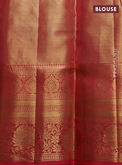 Pure kanchipuram tissue silk saree dual shade of peach and peach pink with allover zari woven brocade weaves and long rich zari woven floral border