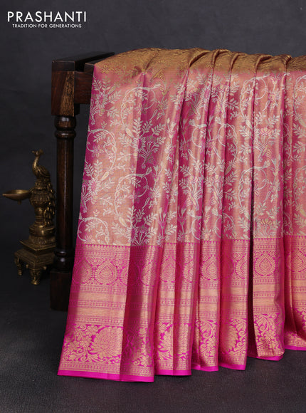Pure kanchipuram tissue silk saree golden pink and magenta pink with allover zari woven brocade weaves and long rich zari woven floral border