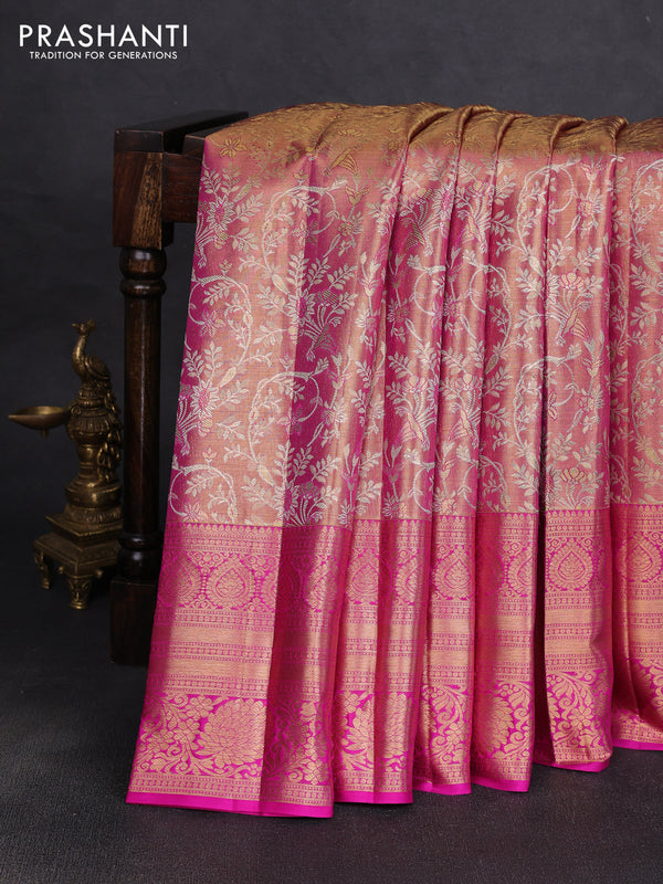 Pure kanchipuram tissue silk saree golden pink and magenta pink with allover zari woven brocade weaves and long rich zari woven floral border