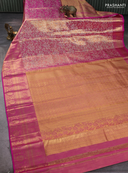 Pure kanchipuram tissue silk saree golden pink and magenta pink with allover zari woven brocade weaves and long rich zari woven floral border
