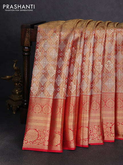 Pure kanchipuram tissue silk saree gold and red with allover zari woven brocade weaves and long rich zari woven floral border