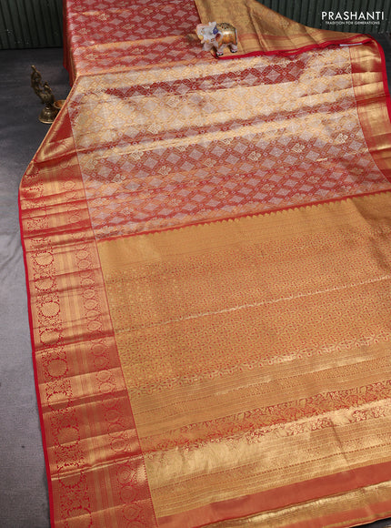 Pure kanchipuram tissue silk saree gold and red with allover zari woven brocade weaves and long rich zari woven floral border