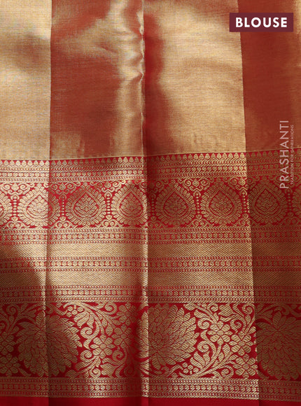 Pure kanchipuram tissue silk saree gold and red with allover zari woven brocade weaves and long rich zari woven floral border