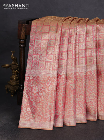 Pure kanchipuram tissue silk saree light pink with allover zari woven brocade weaves and long rich zari woven floral border