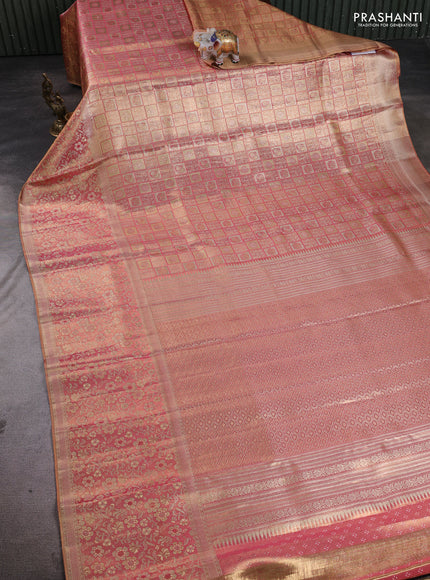 Pure kanchipuram tissue silk saree light pink with allover zari woven brocade weaves and long rich zari woven floral border