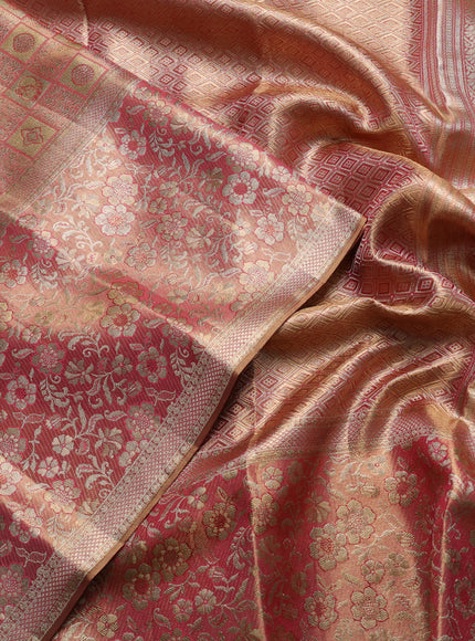 Pure kanchipuram tissue silk saree light pink with allover zari woven brocade weaves and long rich zari woven floral border