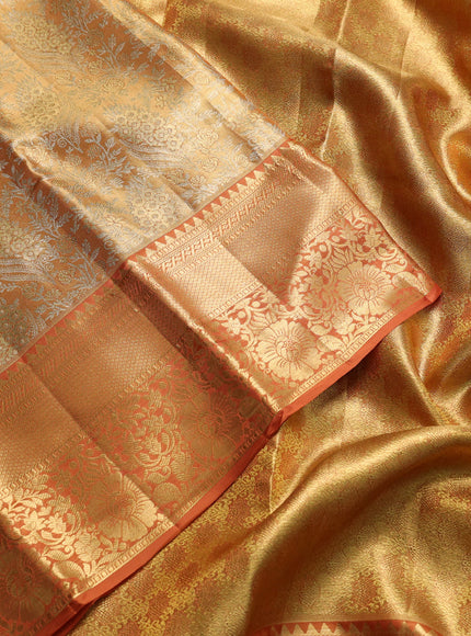 Pure kanchipuram tissue silk saree golden rust shade with allover zari woven brocade weaves and rich zari woven border