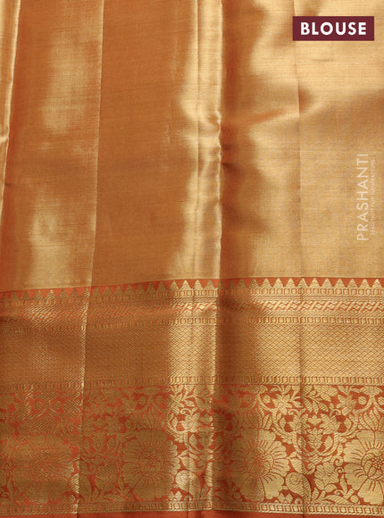 Pure kanchipuram tissue silk saree golden rust shade with allover zari woven brocade weaves and rich zari woven border