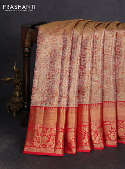 Pure kanchipuram tissue silk saree golden red and red with allover zari woven brocade weaves and rich zari woven border