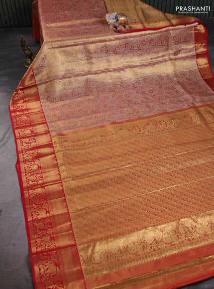 Pure kanchipuram tissue silk saree golden red and red with allover zari woven brocade weaves and rich zari woven border