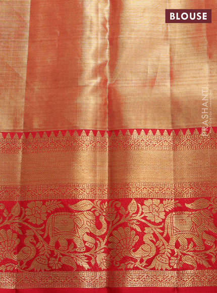 Pure kanchipuram tissue silk saree golden red and red with allover zari woven brocade weaves and rich zari woven border