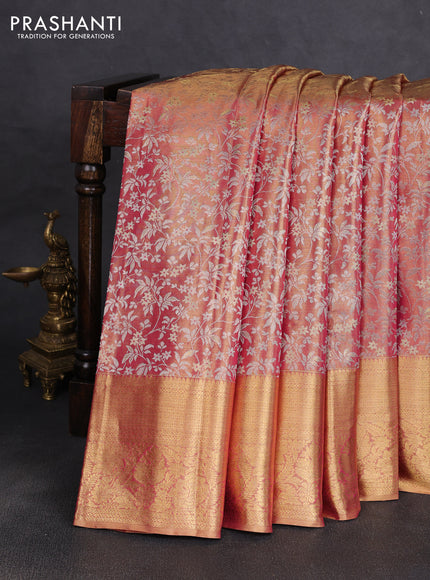 Pure kanchipuram tissue silk saree dual shade of golden pink with allover zari woven brocade weaves and rich zari woven border