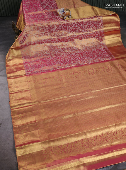 Pure kanchipuram tissue silk saree dual shade of golden pink with allover zari woven brocade weaves and rich zari woven border