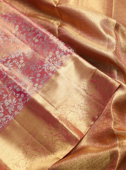 Pure kanchipuram tissue silk saree dual shade of golden pink with allover zari woven brocade weaves and rich zari woven border