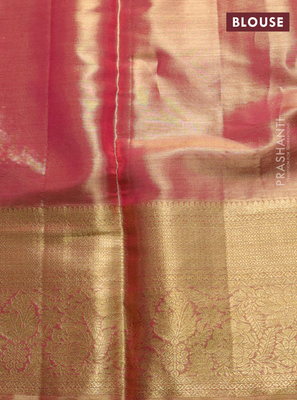 Pure kanchipuram tissue silk saree dual shade of golden pink with allover zari woven brocade weaves and rich zari woven border