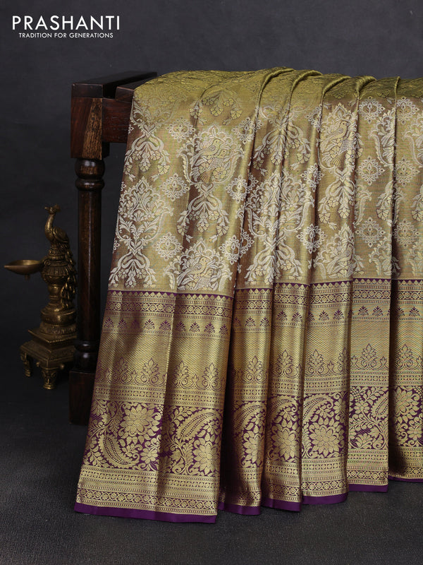Pure kanchipuram tissue silk saree gold and purple with allover zari woven brocade weaves and long rich zari woven border